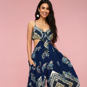 Free people Bella navy blue tie front cut out jumpsuit